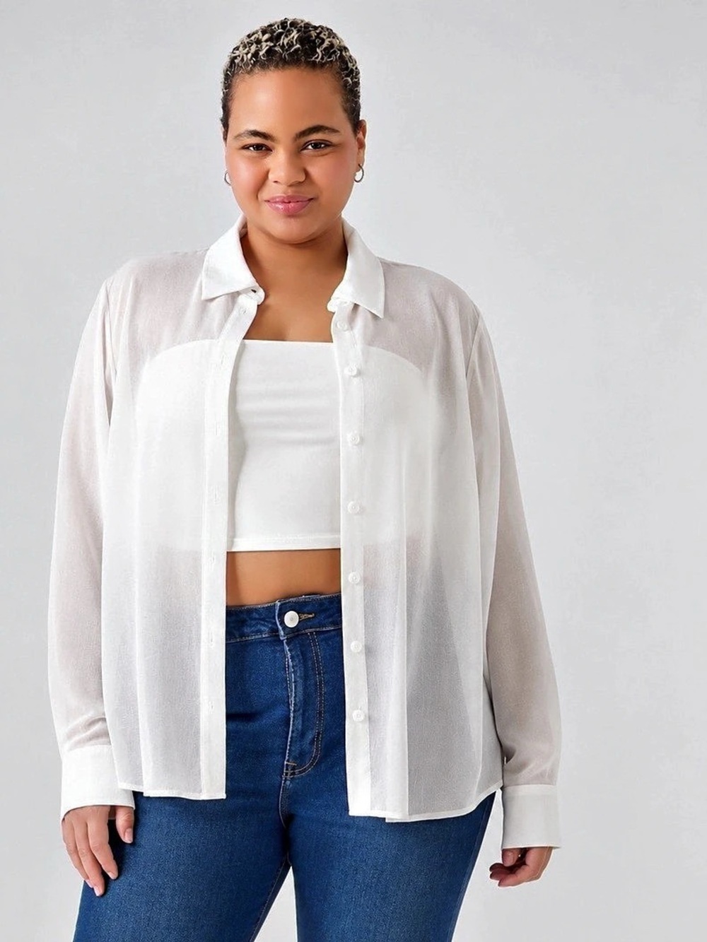 Forever 21+ White Solid Sheer Woven Button-Up Shirt Collared Long Sleeve 3X